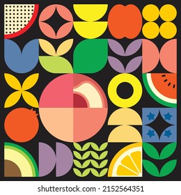 Geometric summer fresh fruit cut artwork poster with colorful simple shapes. Scandinavian style flat abstract vector pattern design. Minimalist illustration of a pink peach on a black background.