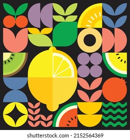 Geometric summer fresh fruit cut artwork poster with colorful simple shapes. Scandinavian style flat abstract vector pattern design. Minimalist illustration of a yellow lemon on a black background.