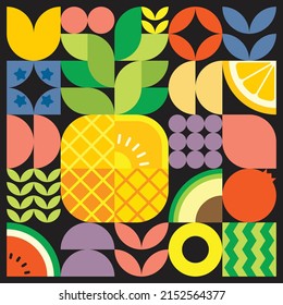 Geometric summer fresh fruit cut artwork poster with colorful simple shapes. Scandinavian style flat abstract vector pattern design. Minimalist illustration of a ripe pineapple on a black background.