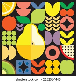 Geometric summer fresh fruit cut artwork poster with colorful simple shapes. Scandinavian style flat abstract vector pattern design. Minimalist illustration of a yellow pear on a black background.