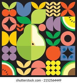 Afiche de arte de corte de fruta fresca de verano geométrico con formas simples y coloridas. Diseño de patrones vectoriales abstractos planos de estilo escandinavo. Ilustración minimalista de una pera verde sobre un fondo negro.