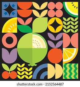 Geometric summer fresh fruit cut artwork poster with colorful simple shapes. Scandinavian style flat abstract vector pattern design. Minimalist illustration of a white guava on a black background.