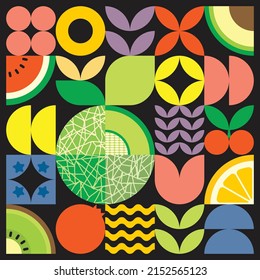 Geometric summer fresh fruit cut artwork poster with colorful simple shapes. Scandinavian style flat abstract vector pattern design. Minimalist illustration of a green melon on a black background.