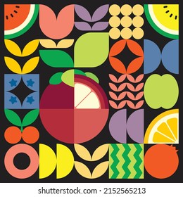 Geometric summer fresh fruit cut artwork poster with colorful simple shapes. Scandinavian style flat abstract vector pattern design. Minimalist illustration of a mangosteen on a black background.