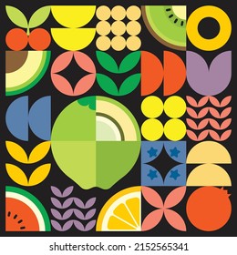 Geometric summer fresh fruit cut artwork poster with colorful simple shapes. Scandinavian style flat abstract vector pattern design. Minimalist illustration of a coconut on a black background.