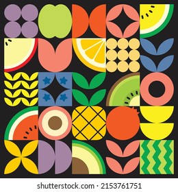 Geometric summer fresh fruit cut artwork poster with colorful simple shapes. Scandinavian styled flat abstract vector pattern design. Minimalist illustration of fruits and leaves on black background.