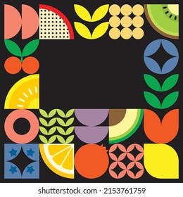 Geometric summer fresh fruit cut artwork poster with colorful simple shapes. Scandinavian styled flat abstract vector pattern design. Minimalist illustration of fruits and leaves on black background.