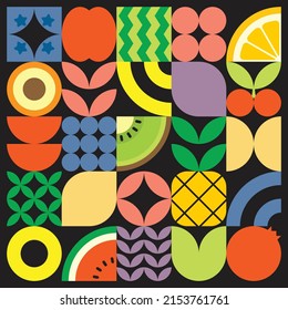 Geometric summer fresh fruit cut artwork poster with colorful simple shapes. Scandinavian styled flat abstract vector pattern design. Minimalist illustration of fruits and leaves on black background.