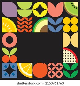 Geometric summer fresh fruit cut artwork poster with colorful simple shapes. Scandinavian styled flat abstract vector pattern design. Minimalist illustration of fruits and leaves on black background.