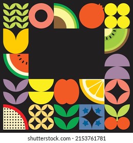 Geometric summer fresh fruit cut artwork poster with colorful simple shapes. Scandinavian styled flat abstract vector pattern design. Minimalist illustration of fruits and leaves on black background.