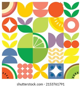 Geometric summer fresh fruit cut artwork poster with colorful simple shapes. Flat abstract vector pattern design in Scandinavian style. Minimalist illustration of green citrus on white background.