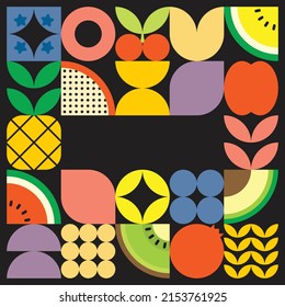 Geometric Summer Fresh Fruit Cut Artwork Poster With Colorful Simple Shapes. Scandinavian Styled Flat Abstract Vector Pattern Design. Minimalist Illustration Of Fruits And Leaves On Black Background.