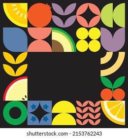 Geometric summer fresh fruit cut artwork poster with colorful simple shapes. Scandinavian styled flat abstract vector pattern design. Minimalist illustration of fruits and leaves on black background.