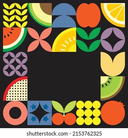 Geometric summer fresh fruit cut artwork poster with colorful simple shapes. Scandinavian styled flat abstract vector pattern design. Minimalist illustration of fruits and leaves on black background.