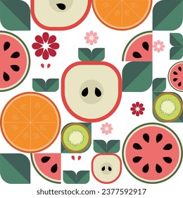 Afiche de arte de corte de fruta fresca de verano geométrico con formas simples y coloridas. Diseño de patrones vectoriales abstractos planos con estilo escandinavo. Ilustración minimalista de frutos y hojas sobre fondo blanco .