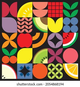 Geometric summer fresh fruit illustration artwork poster with colorful simple shapes. Flat abstract vector pattern design in Scandinavian style. Apple, blueberry, kiwi, avocado, and other fruits.