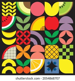Geometric summer fresh fruit illustration artwork poster with colorful simple shapes. Flat abstract vector pattern design in Scandinavian style. Watermelon, pineapple, orange, kiwi, and other fruits.