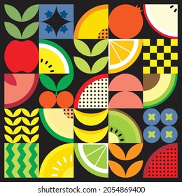 Geometric summer fresh fruit illustration artwork poster with colorful simple shapes. Flat abstract vector pattern design in Scandinavian style. Apple, dragon fruit, cherry, orange, and other fruits.