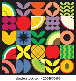 Geometric summer fresh fruit illustration artwork poster with colorful simple shapes. Flat abstract vector pattern design in Scandinavian style. Apple, blueberry, watermelon, orange, and other fruits.