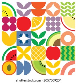 Afiche de ilustraciones de frutas frescas de verano geométrico con formas simples y coloridas. Diseño de patrones vectoriales abstractos planos al estilo escandinavo. sandía, aguacate, kiwi, naranja y otras frutas. Vector de stock