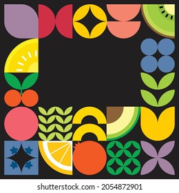 
Geometric summer fruit frame illustration artwork poster with colorful simple shapes. Flat abstract vector pattern design in Scandinavian style. Orange, avocado, kiwi, cherry, and other fruits.