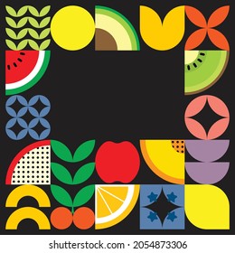 
Geometric summer fruit frame illustration artwork poster with colorful simple shapes. Flat abstract vector pattern design in Scandinavian style. Watermelon, dragon fruit, apple, and other fruits.