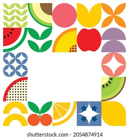
Geometric summer fruit frame illustration artwork poster with colorful simple shapes. Flat abstract vector pattern design in Scandinavian style. Watermelon, papaya, kiwi, cherry, and other fruits.