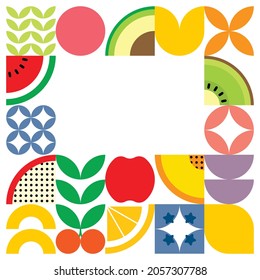 Geometric summer fruit frame illustration artwork poster with colorful simple shapes. Flat abstract vector pattern design in Scandinavian style. Blueberry, kiwi, watermelon, orange, and other fruits.