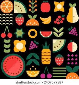 Geometric summer fruit seamless pattern. Mosaic abstract berries and leaf repeat background. Minimal fresh fruits shapes on black. Cute food vector wallpaper, package design, wrapping, print, textile.