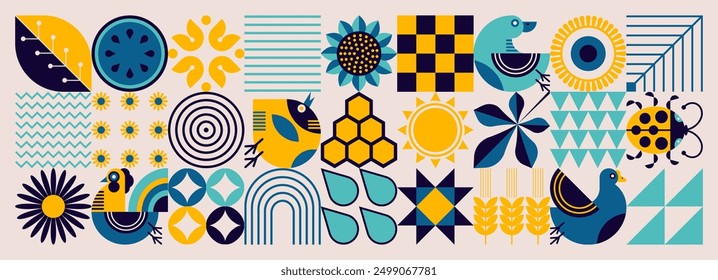 Geometric SUMMER pattern. Scandinavian style. Ukrainian motives. Natural organic flowering plants, ecological agriculture concept. Minimalist abstraction . Positive Illustration