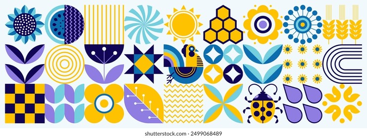 Geometric summer pattern. Scandinavian style. Ukrainian motives. Natural organic flowering plants, ecological agriculture concept. Minimalist abstraction . Eco Illustration