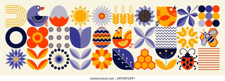 Geometric summer pattern. Scandinavian style. Ukrainian motives. Natural organic flowering plants, ecological agriculture concept. Minimalist abstraction . Eco Illustration