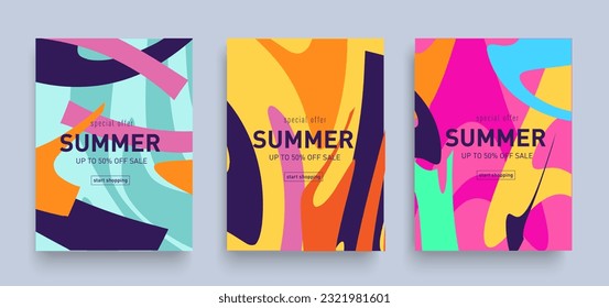 Geometric Summer Retro Set Yellow, Pink, Red, Blue, Turquoise Colors. 3d art 50s of the Hippy Style. Background Geometric Patterns of the offer 50% for Banner, Poster, Card, Cover. Vector Illustration