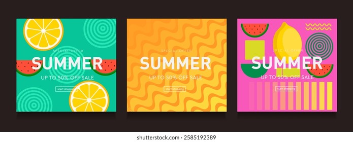 Geometric Summer Retro Set Yellow, Pink, Green, Turquoise Colors. 3d art 50s of Hippy Illusion. Background Wavy Trippy Patterns offer 50% for Banner, Poster, Card, Cover. Vector Illustration
