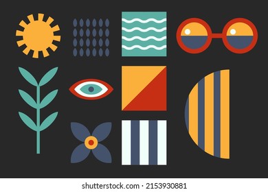 Geometric summer simple elements in Scandinavian style isolated on a black background. Flower, sunglasses leaves, waves, sun, drops. Minimalistic elements for business card design, abstract patterns.