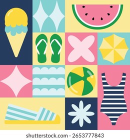 Geometric summer and travel banner template in flat minimalist style. Background for print, card, poster, flyer and social media. Vector illustration