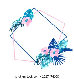 Geometric Summer wreath with tropical palm flower and place for text. Flat herb abstract vector garden frame. wedding card, decoration element monstera floral isolated illustration