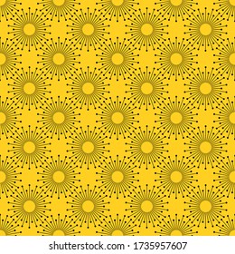 Geometric Sun Burst linear Rays Seamless Pattern. Stock vector illustration isolated on yellow background.