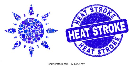 Geometric sun mosaic pictogram and Heat Stroke seal stamp. Blue vector rounded textured seal stamp with Heat Stroke text. Abstract mosaic of sun done of round, tringle, square geometric items.