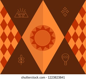 Geometric sun on red and yellow seamless vector pattern