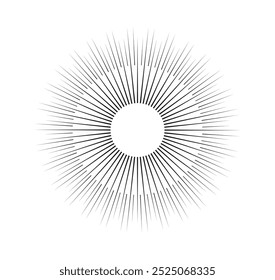 Raio solar geométrico. Raio de sol e sol, explosão de sol. Criatividade e arte minimalistas. Círculo com linhas radiais. Explosão e explosão. Ilustração de vetor linear isolada no plano de fundo branco