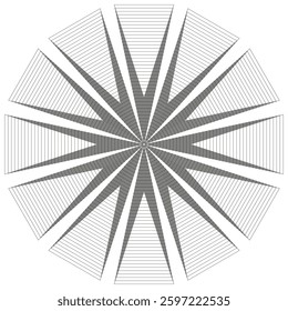 Geometric sun shape. Abstract radial pattern. Symmetric optical effect. Black and white vector.