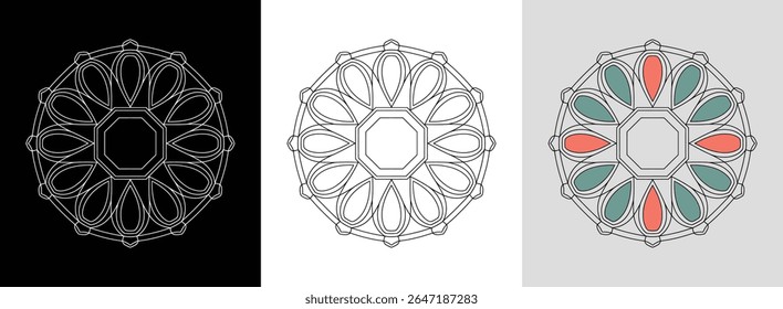 Mandala de explosão solar geométrica com núcleo octógono e pétalas fluindo para decoração radiante.