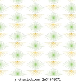 Geometric sunburst seamless pattern in green and yellow colors against a clean white background.