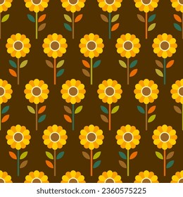 Geometric sunflower and leaf seamless pattern design for autumn season.