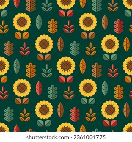 Geometric sunflower and leaf seamless pattern design for autumn season.