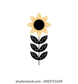 Geometric sunflower simple folk icon. Ornate flower silhouette vector illustration. Sunflower graphic logo, hand drawn icon for packaging, decor. Petals frame, silhouette isolated.