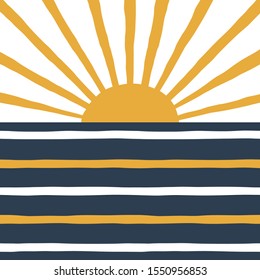 Geometric sunrise and sea simple illustration. Stripy navy blue and yellow solar print in vector. Simple abstract landscape background.