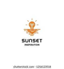 geometric sunset sea with light bulb ideas logo icon vector inspiration