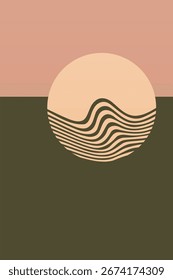 Olas geométricas de la puesta del sol en el paisaje Abstractas mínimo. Paisaje Abstractas minimalista de la puesta del sol con las ondas y las líneas geométricas